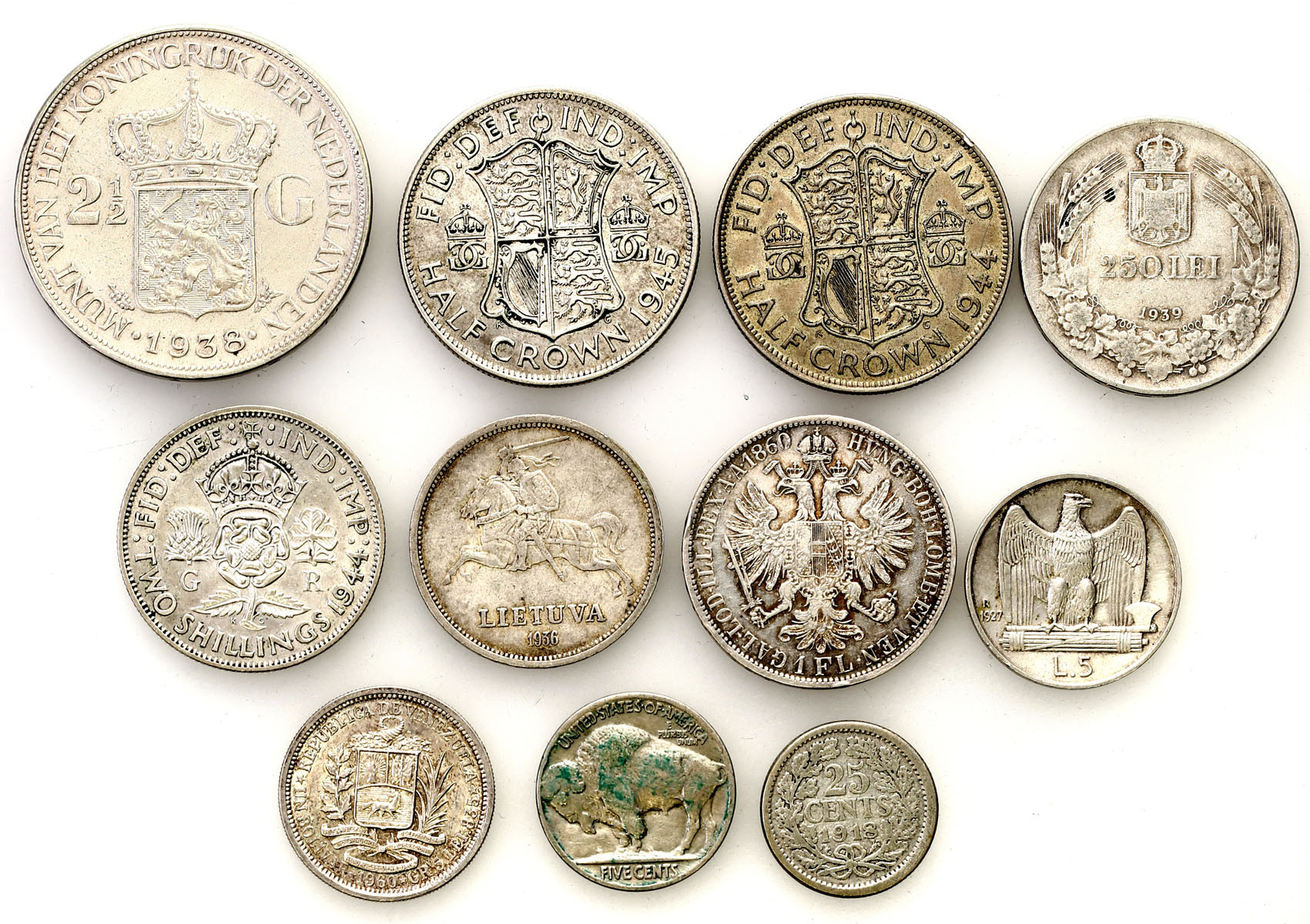 Świat - USA, Litwa, Węgry, Włochy, Holandia, Wielka Brytania, zestaw 11 monet srebrnych